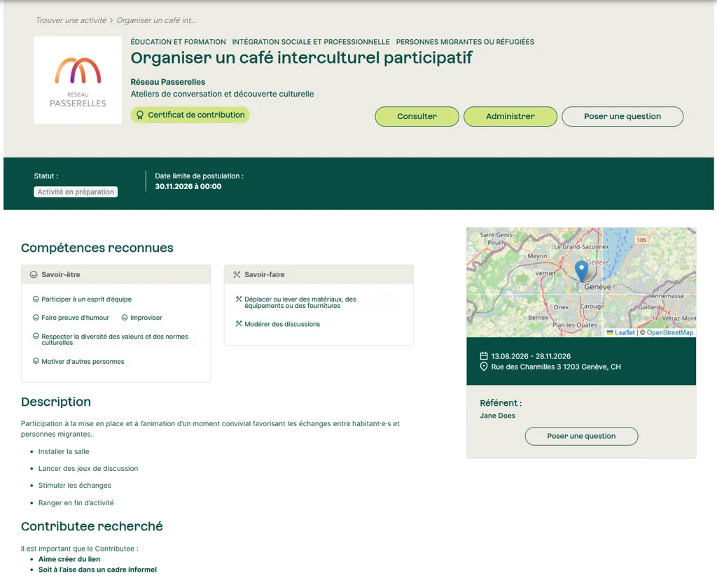 Fiche d’une activité : compétences reconnues, description, dates, lieu et référent.