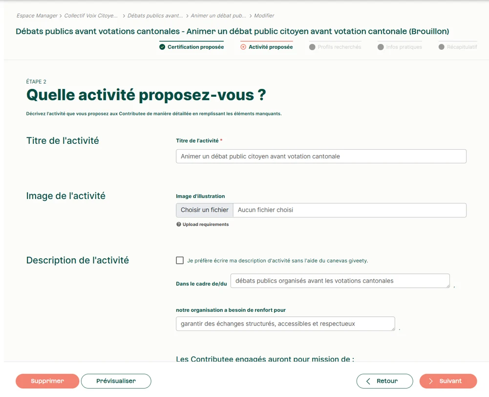 Création d’une activité par une organisation, étape par étape.