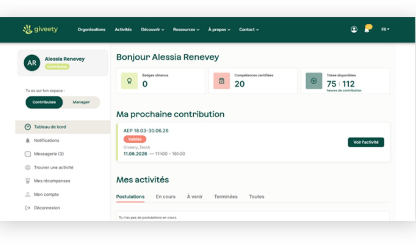 A volunteer's dashboard: badges earned, certified skills, contributed hours and the next activity.