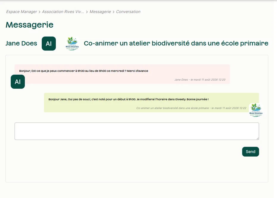 Messagerie entre un bénévole et l’organisation, au fil d’une activité.