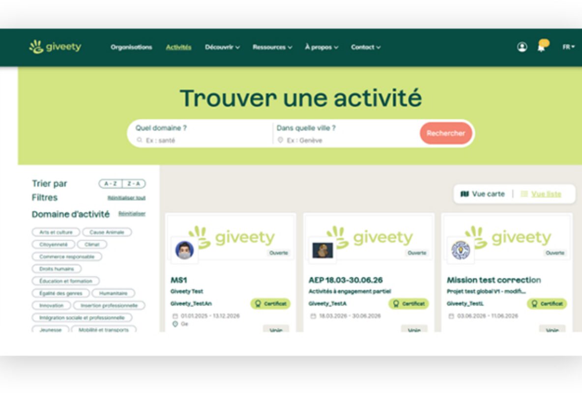 Searching activities by field and by city, with the organisations' listings.